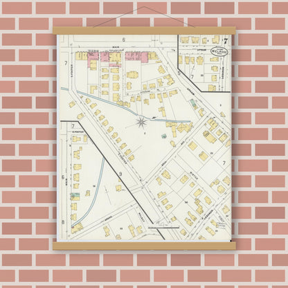 Old map wall art mockup — magnetic wood frame on brick wall — Sanborn Fire Insurance Map from Melrose, Middlesex County, Massachusetts (1897), Sheet #0007