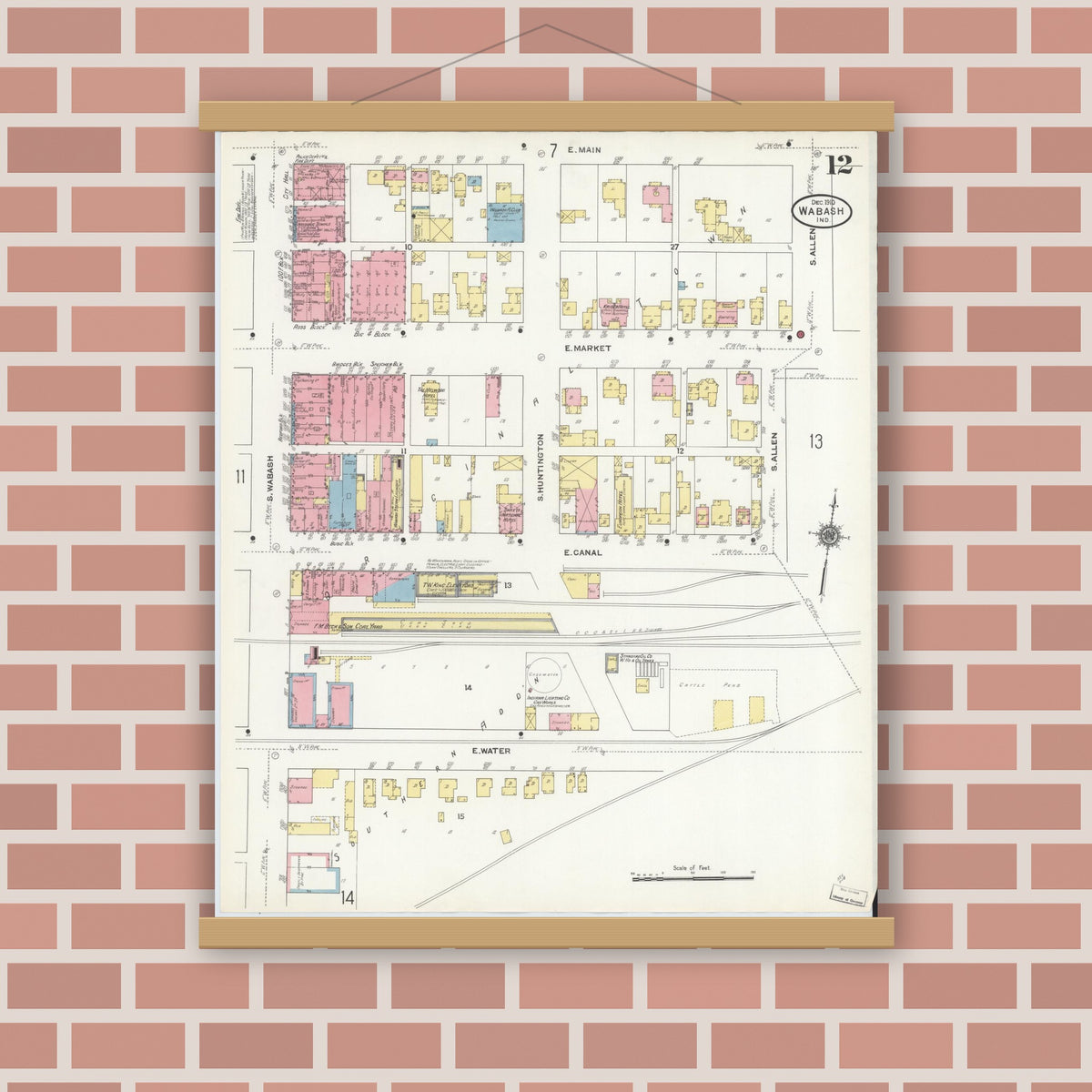 Old map wall art mockup — magnetic wood frame on brick wall — Sanborn Fire Insurance Map from Wabash, Wabash County, Indiana (1910), Sheet #0012