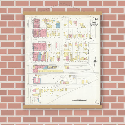 Old map wall art mockup — magnetic wood frame on brick wall — Sanborn Fire Insurance Map from Wabash, Wabash County, Indiana (1910), Sheet #0012