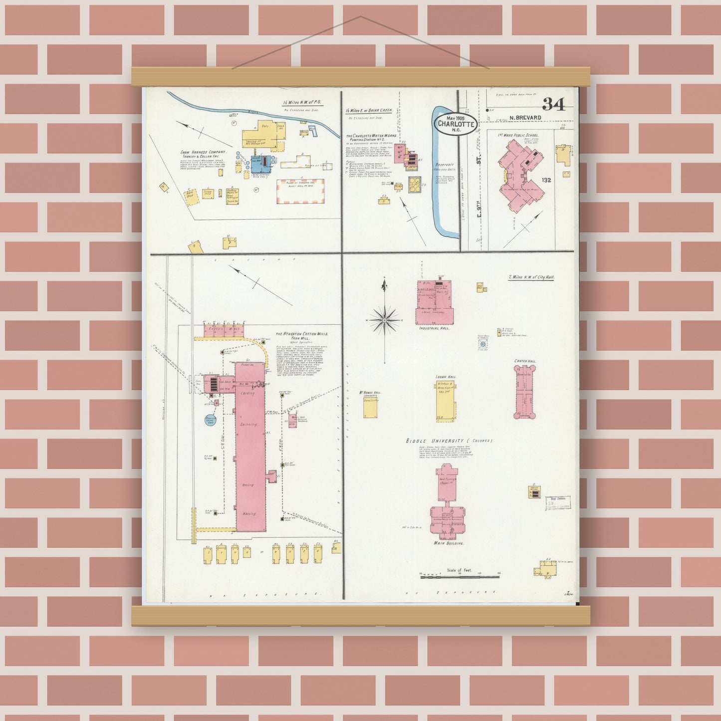 Old map wall art mockup — magnetic wood frame on brick wall — Sanborn Fire Insurance Map from Charlotte, Mecklenburg County, North Carolina (1905), Sheet #0034