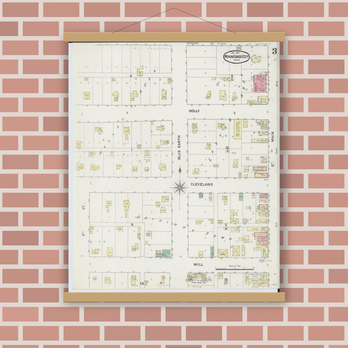 Old map wall art mockup — magnetic wood frame on brick wall — Sanborn Fire Insurance Map from Winnebago, Faribault County, Minnesota (1891), Sheet #0003