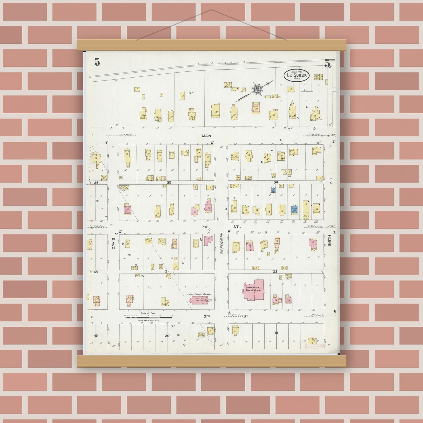 Old map wall art mockup — magnetic wood frame on brick wall — Sanborn Fire Insurance Map from Le Sueur, Le Sueur County, Minnesota (1924), Sheet #0005