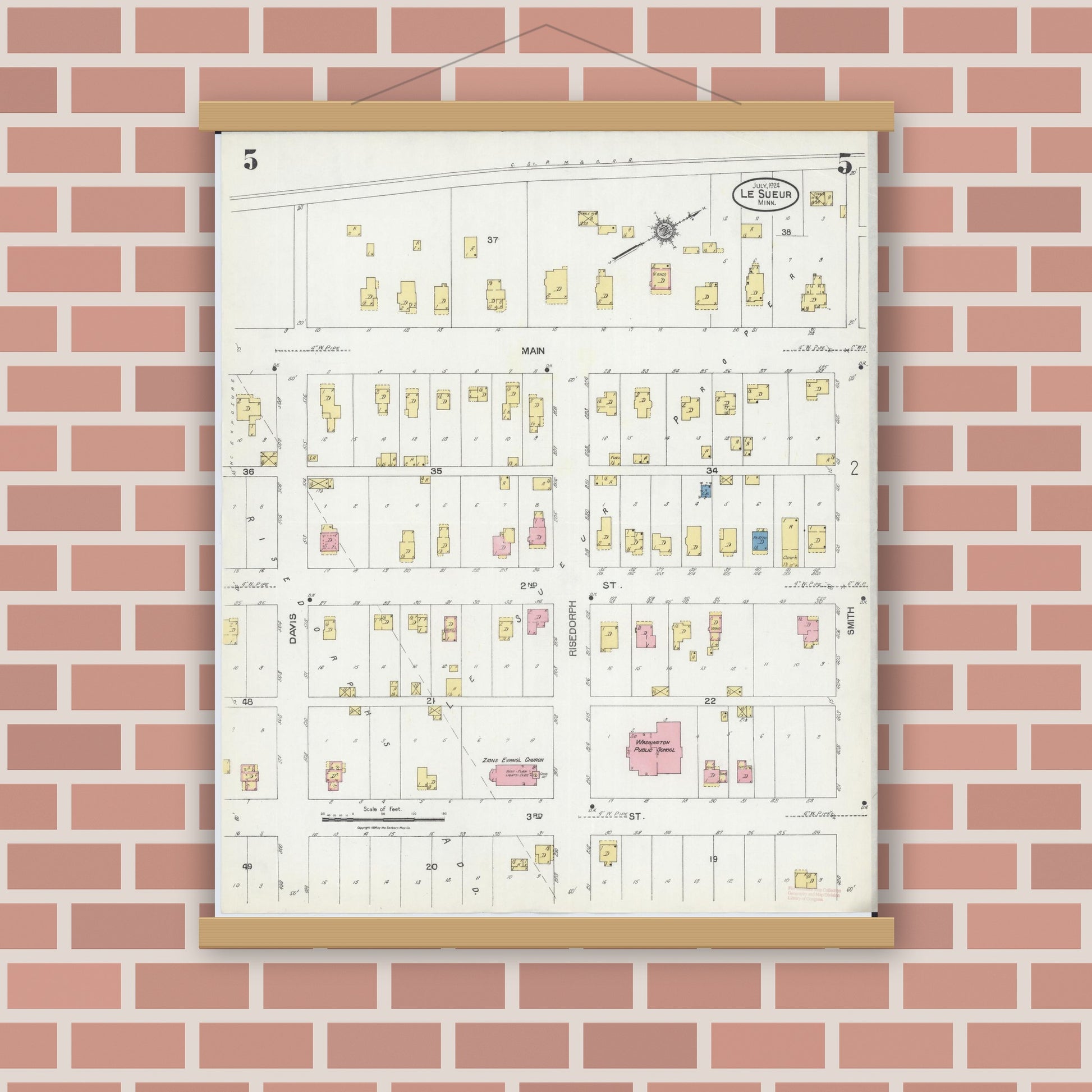 Old map wall art mockup — magnetic wood frame on brick wall — Sanborn Fire Insurance Map from Le Sueur, Le Sueur County, Minnesota (1924), Sheet #0005