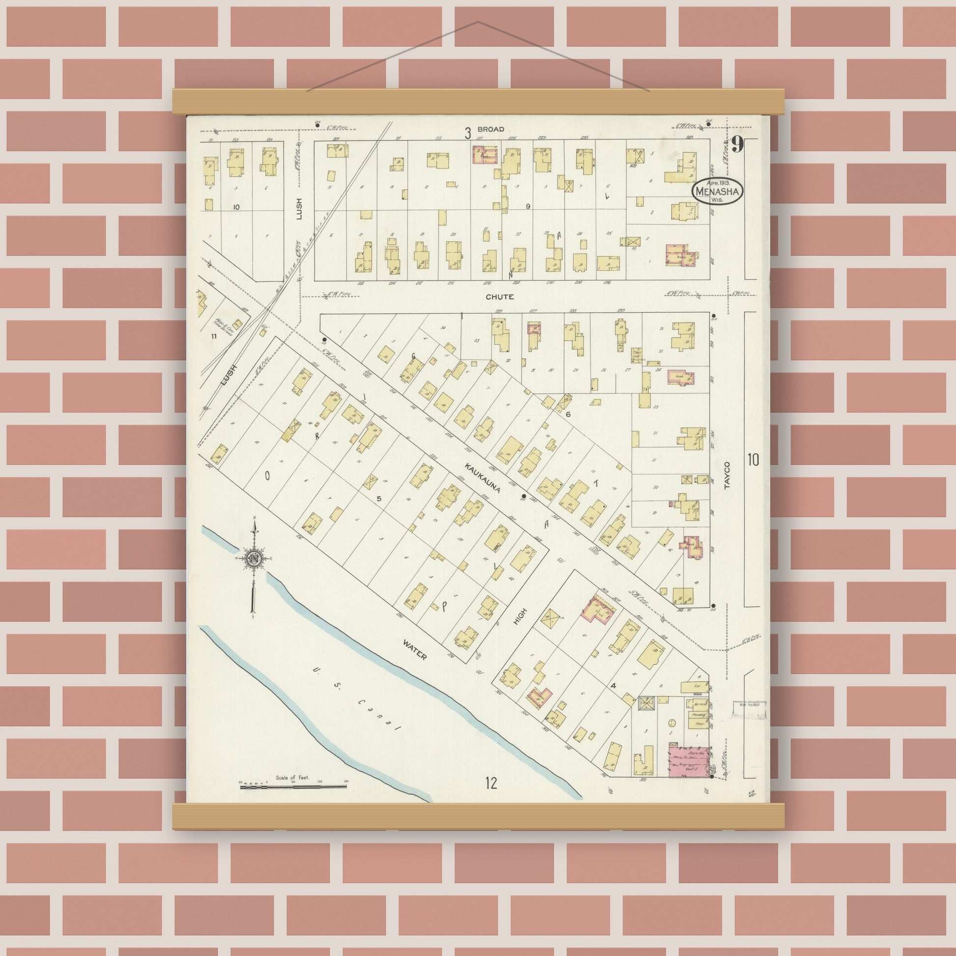 Old map wall art mockup — magnetic wood frame on brick wall — Sanborn Fire Insurance Map from Menasha, Winnebago County, Wisconsin (1913), Sheet #0009