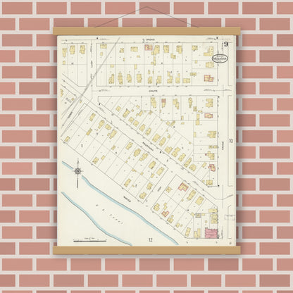 Old map wall art mockup — magnetic wood frame on brick wall — Sanborn Fire Insurance Map from Menasha, Winnebago County, Wisconsin (1913), Sheet #0009