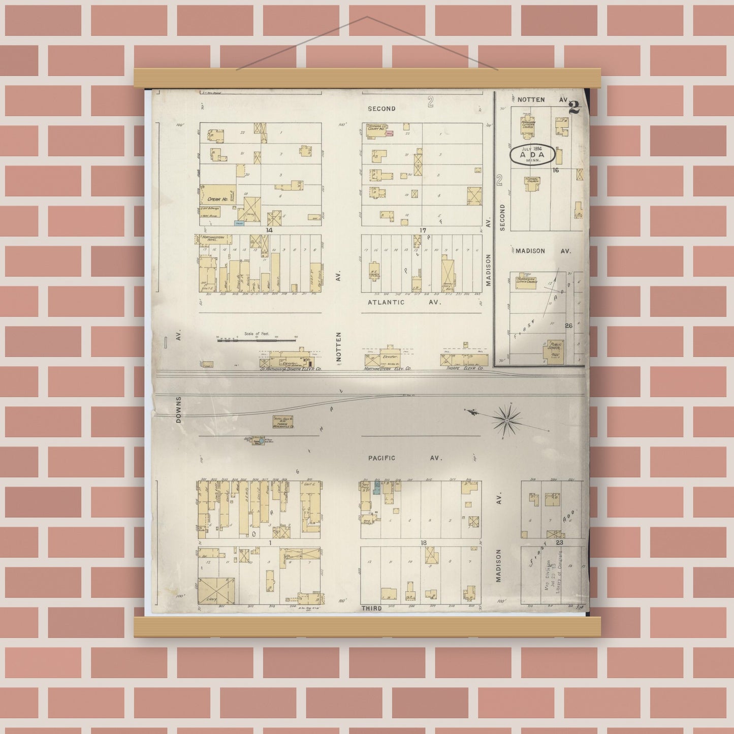 Old map wall art mockup — magnetic wood frame on brick wall — Sanborn Fire Insurance Map from Ada, Norman County, Minnesota (1894), Sheet #0002