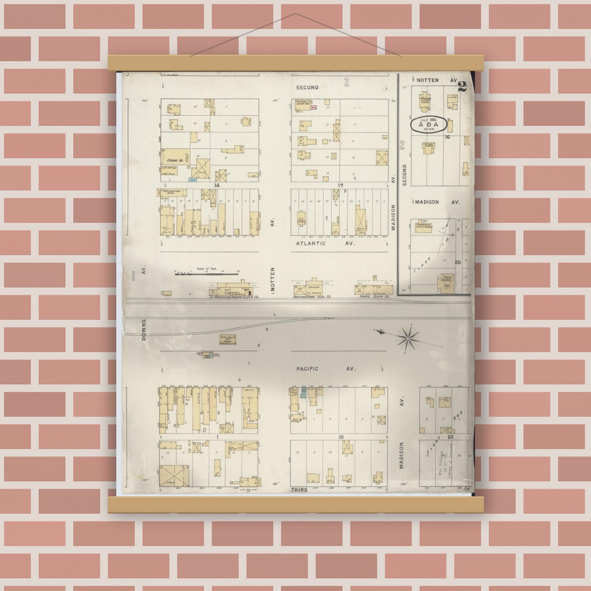 Old map wall art mockup — magnetic wood frame on brick wall — Sanborn Fire Insurance Map from Ada, Norman County, Minnesota (1894), Sheet #0002