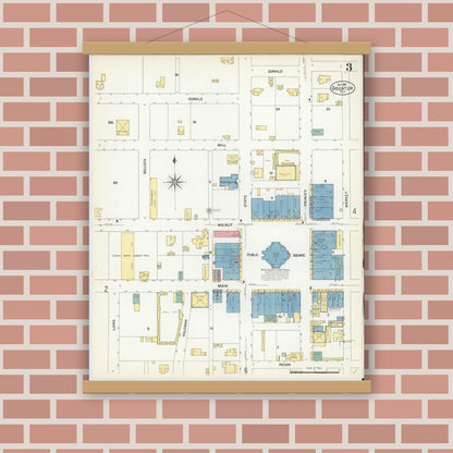 Old map wall art mockup — magnetic wood frame on brick wall — Sanborn Fire Insurance Map from Decatur, Wise County, Texas (1907), Sheet #0003