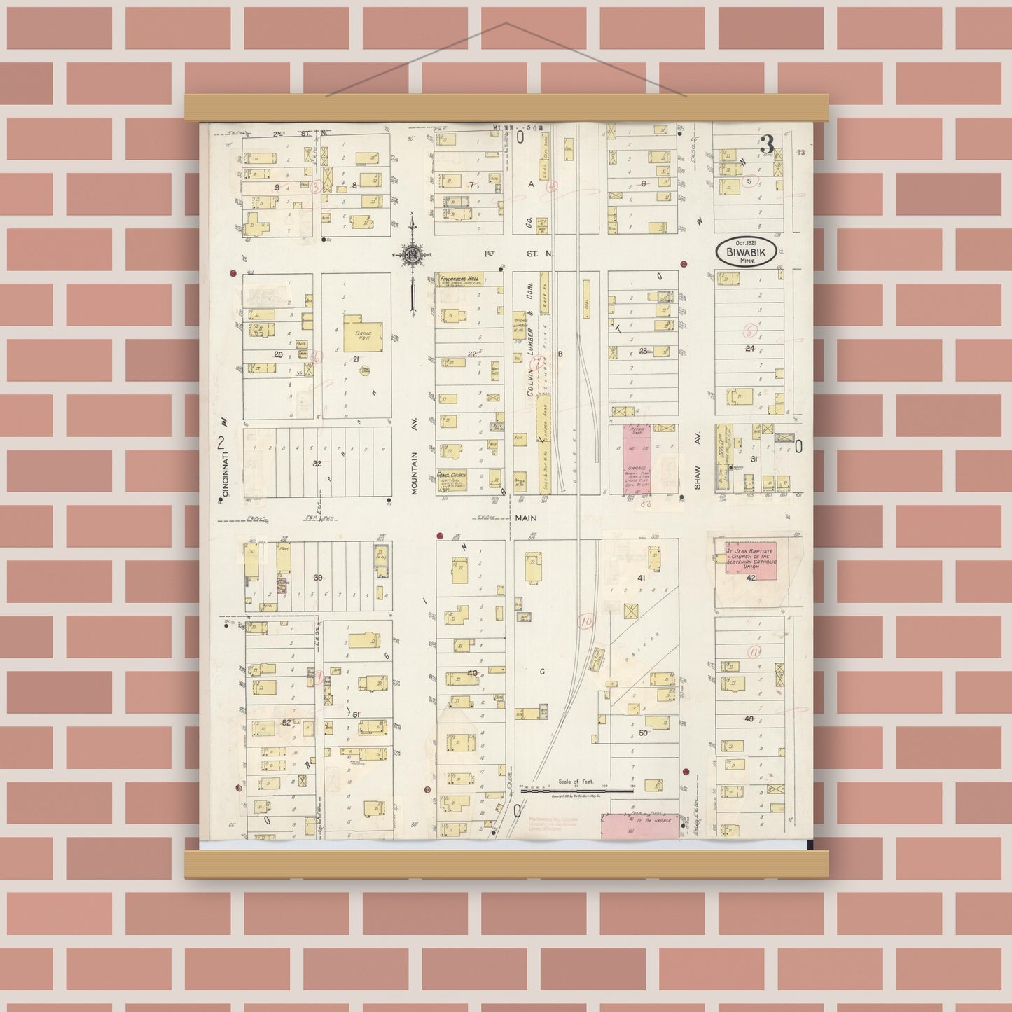 Old map wall art mockup — magnetic wood frame on brick wall — Sanborn Fire Insurance Map from Biwabik, Saint Louis County, Minnesota (1936), Sheet #0003