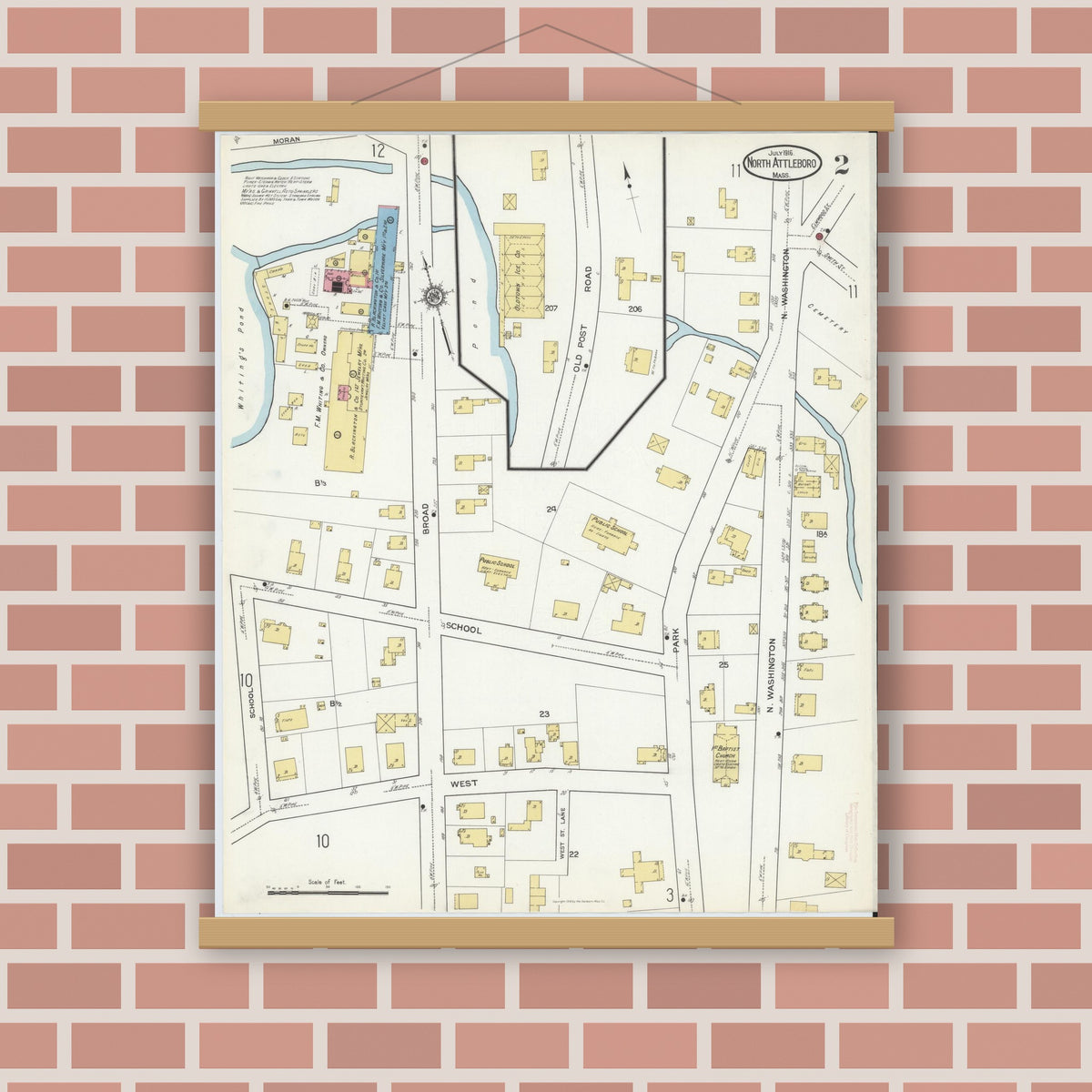 Old map wall art mockup — magnetic wood frame on brick wall — Sanborn Fire Insurance Map from North Attleborough, Bristol County, Massachusetts (1916), Sheet #0002