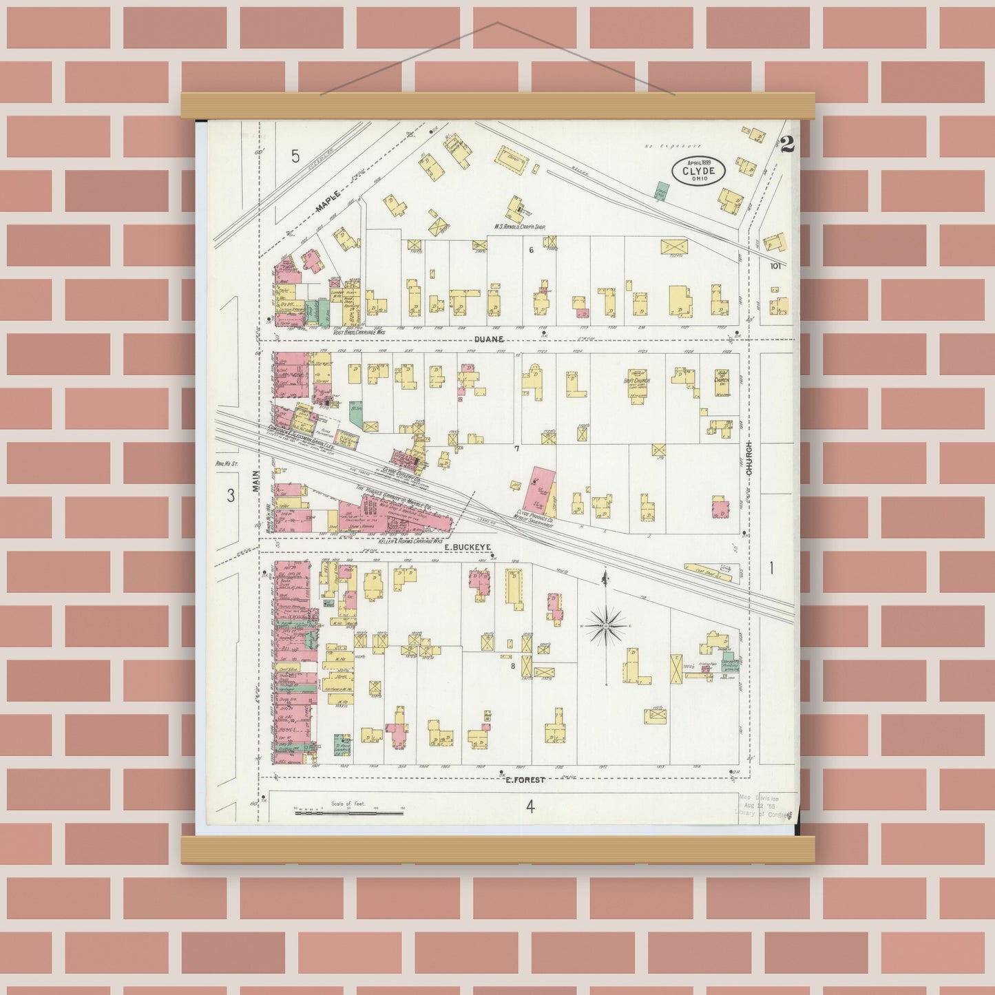 Old map wall art mockup — magnetic wood frame on brick wall — Sanborn Fire Insurance Map from Clyde, Sandusky County, Ohio (1899), Sheet #0002
