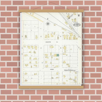 Old map wall art mockup — magnetic wood frame on brick wall — Sanborn Fire Insurance Map from West Branch, Ogemaw County, Michigan (1904), Sheet #0002
