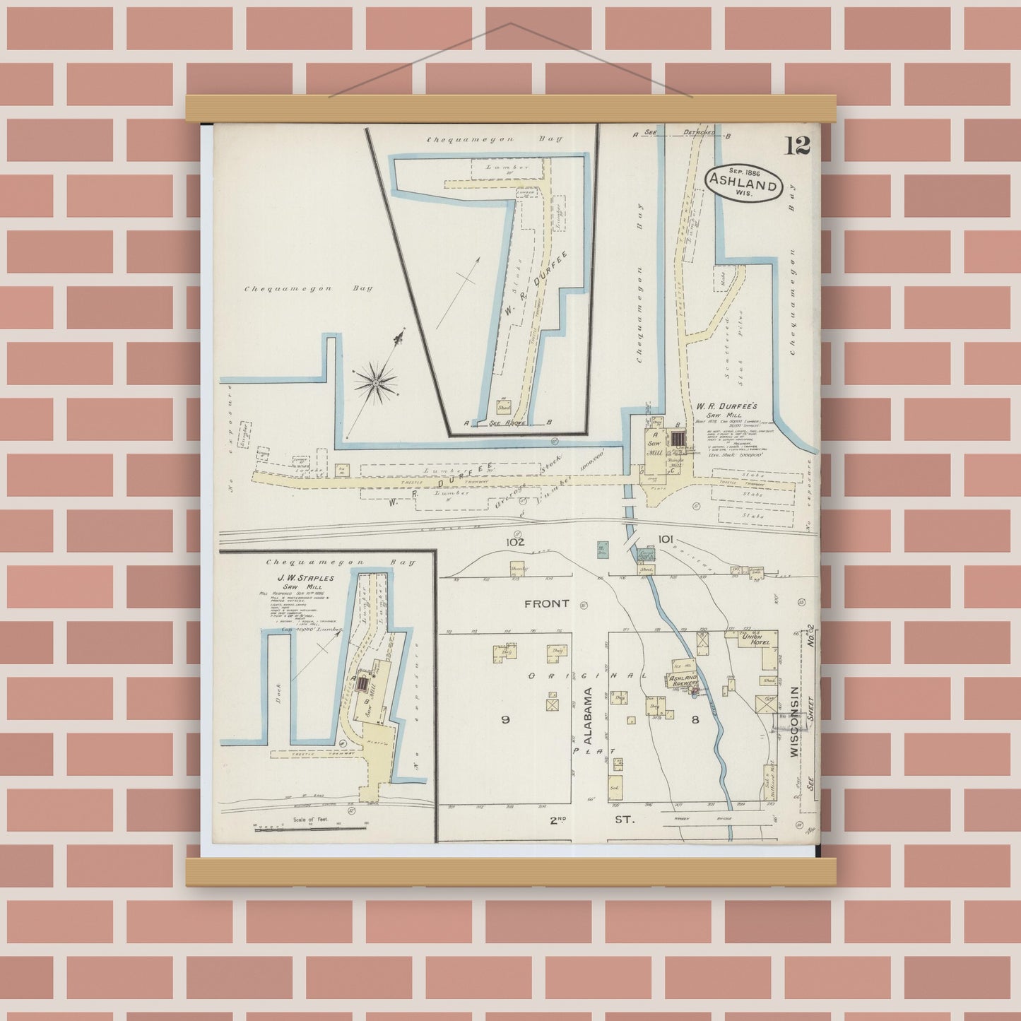 Old map wall art mockup — magnetic wood frame on brick wall — Sanborn Fire Insurance Map from Ashland, Ashland County, Wisconsin (1886), Sheet #0012