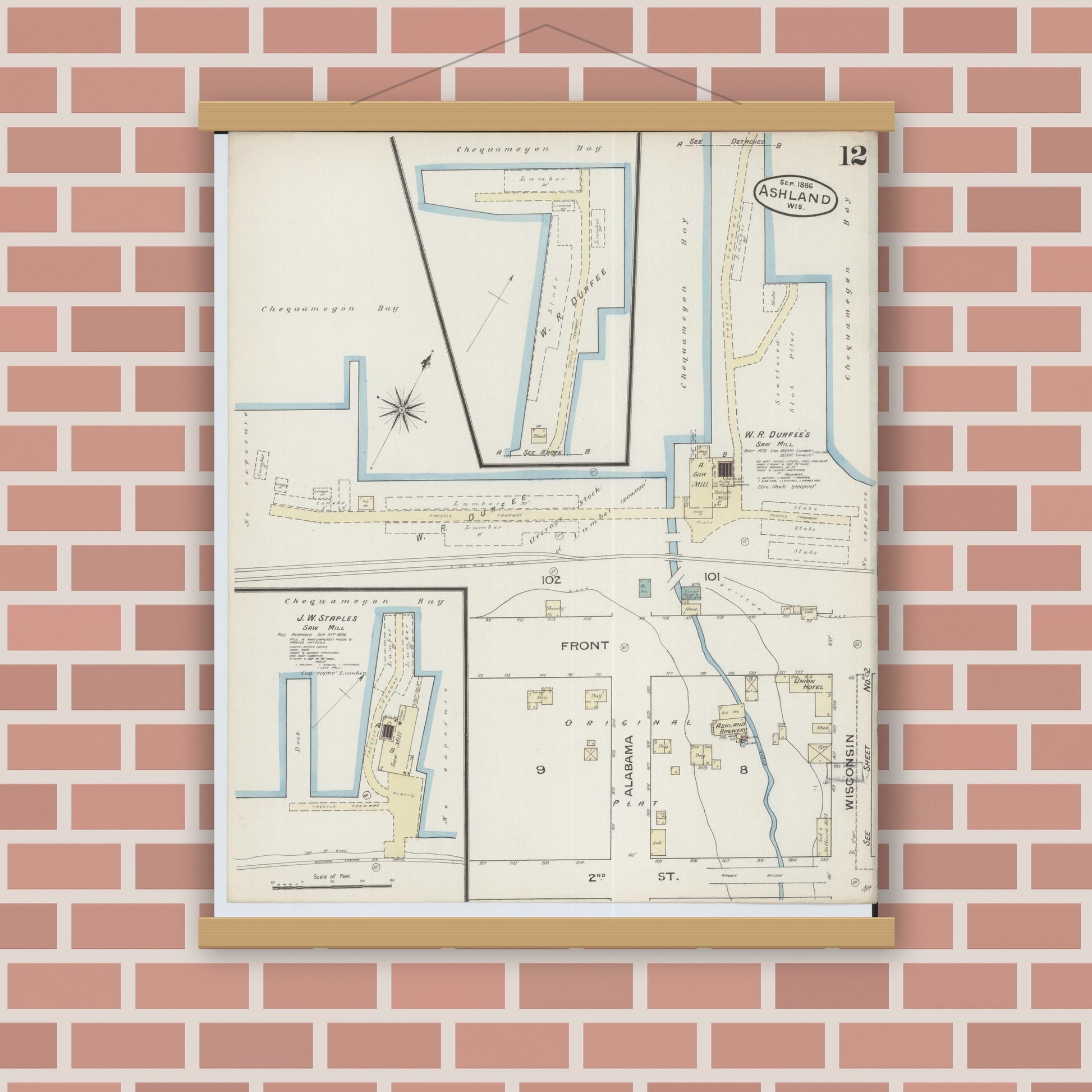 Old map wall art mockup — magnetic wood frame on brick wall — Sanborn Fire Insurance Map from Ashland, Ashland County, Wisconsin (1886), Sheet #0012