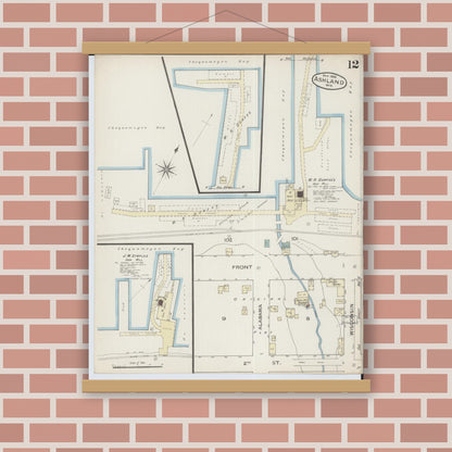 Old map wall art mockup — magnetic wood frame on brick wall — Sanborn Fire Insurance Map from Ashland, Ashland County, Wisconsin (1886), Sheet #0012