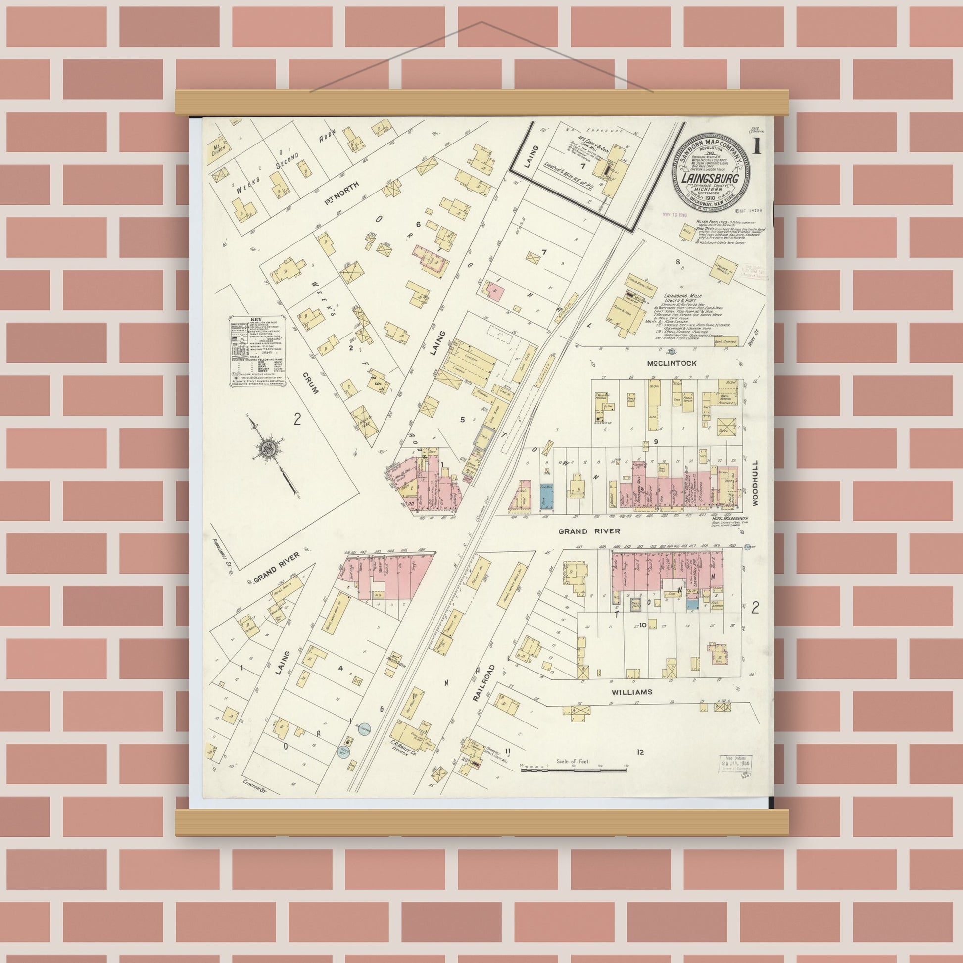 Old map wall art mockup — magnetic wood frame on brick wall — Sanborn Fire Insurance Map from Laingsburg, Shiawassee County, Michigan (1910) - Complete Map Set