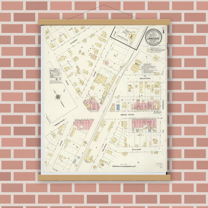 Old map wall art mockup — magnetic wood frame on brick wall — Sanborn Fire Insurance Map from Laingsburg, Shiawassee County, Michigan (1910) - Complete Map Set