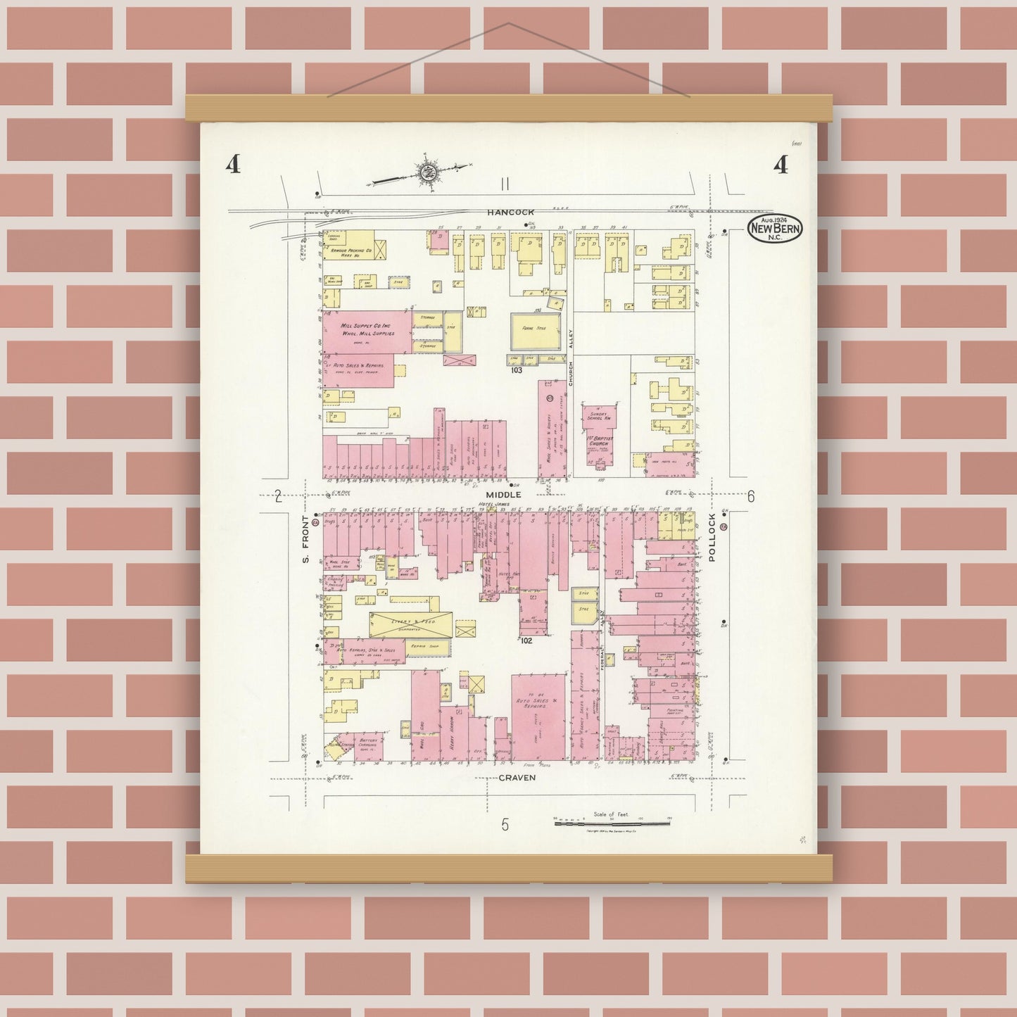 Old map wall art mockup — magnetic wood frame on brick wall — Sanborn Fire Insurance Map from New Bern, Craven County, North Carolina (1924), Sheet #0004