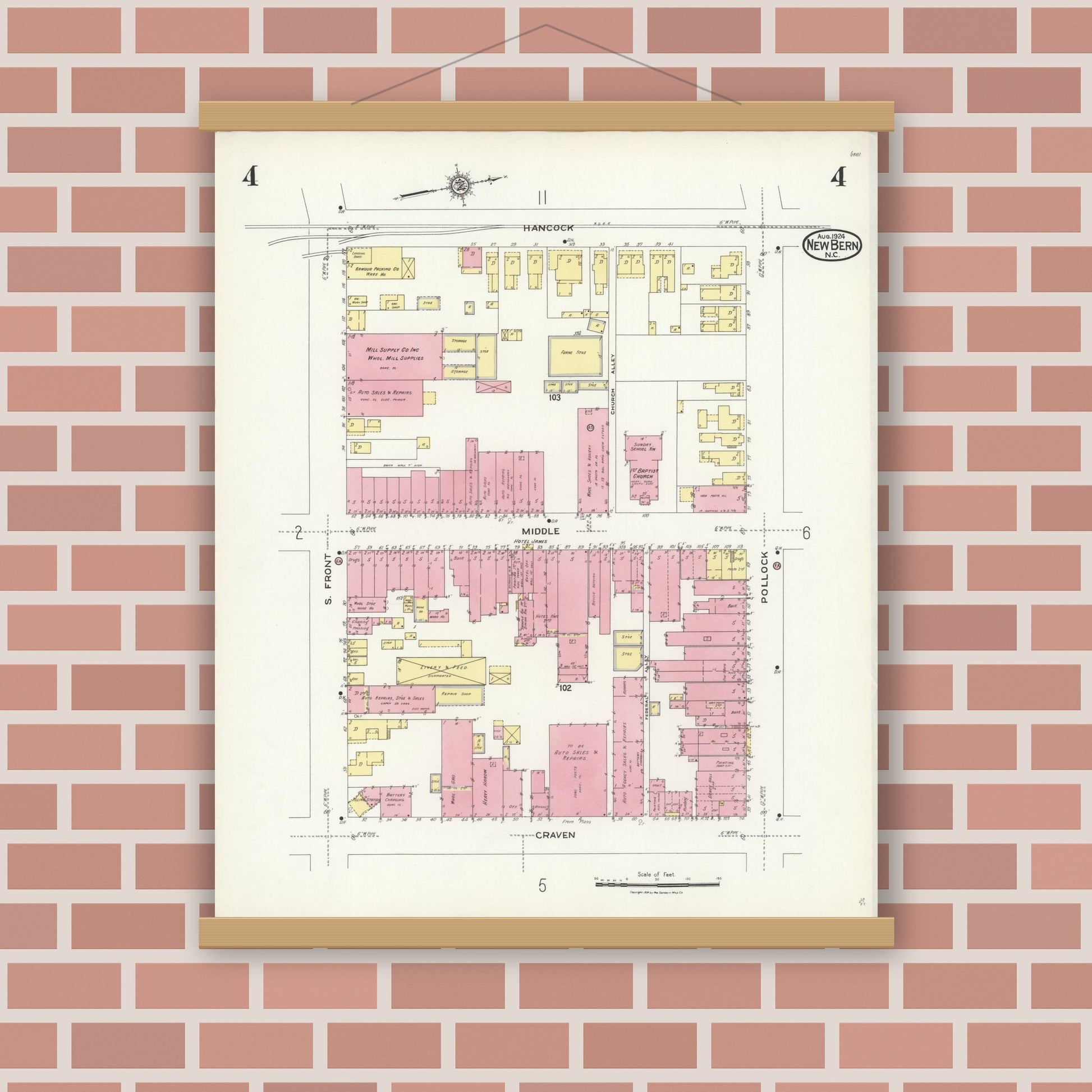 Old map wall art mockup — magnetic wood frame on brick wall — Sanborn Fire Insurance Map from New Bern, Craven County, North Carolina (1924), Sheet #0004