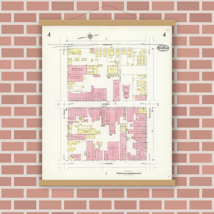 Old map wall art mockup — magnetic wood frame on brick wall — Sanborn Fire Insurance Map from New Bern, Craven County, North Carolina (1924), Sheet #0004