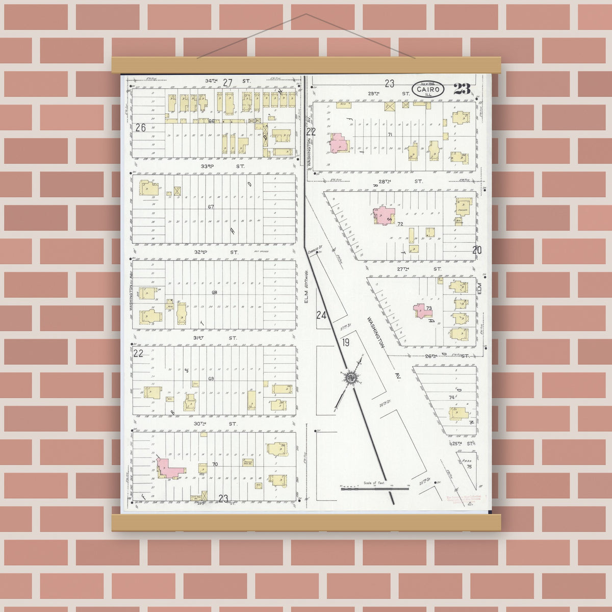 Old map wall art mockup — magnetic wood frame on brick wall — Sanborn Fire Insurance Map from Cairo, Alexander County, Illinois (1914), Sheet #0023