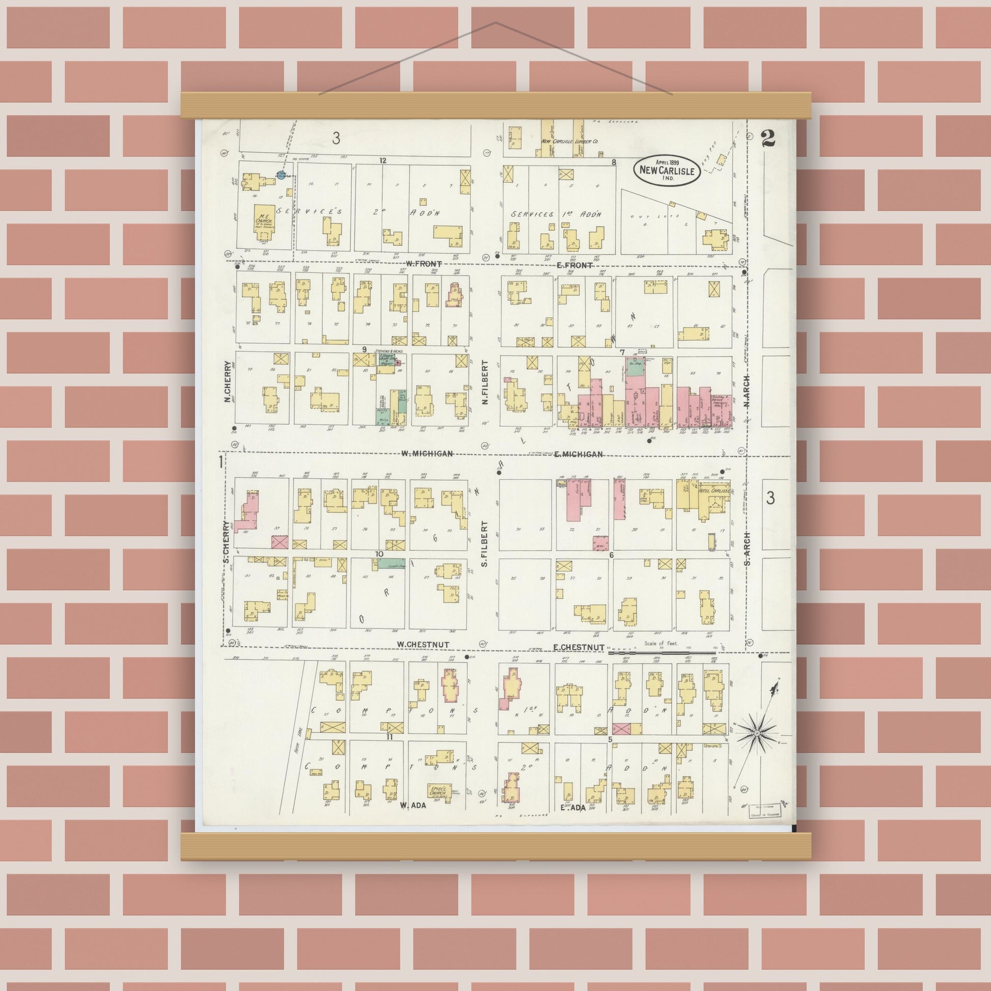 Old map wall art mockup — magnetic wood frame on brick wall — Sanborn Fire Insurance Map from New Carlisle, Saint Joseph County, Indiana (1899), Sheet #0002