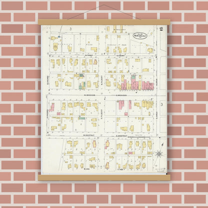 Old map wall art mockup — magnetic wood frame on brick wall — Sanborn Fire Insurance Map from New Carlisle, Saint Joseph County, Indiana (1899), Sheet #0002