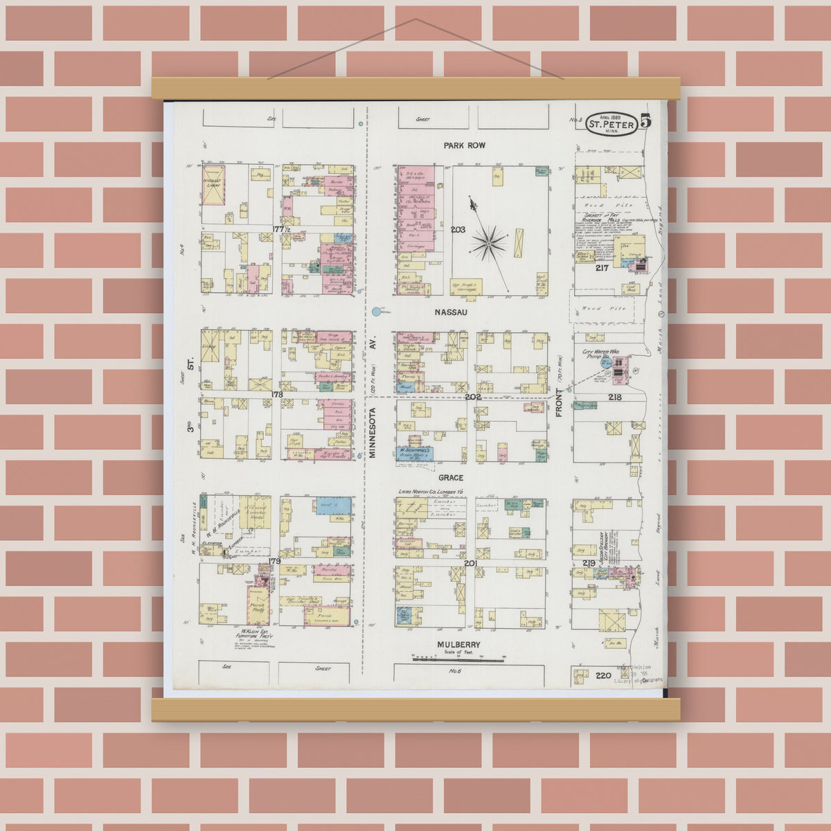 Old map wall art mockup — magnetic wood frame on brick wall — Sanborn Fire Insurance Map from Saint Peter, Nicollet County, Minnesota (1889), Sheet #0005