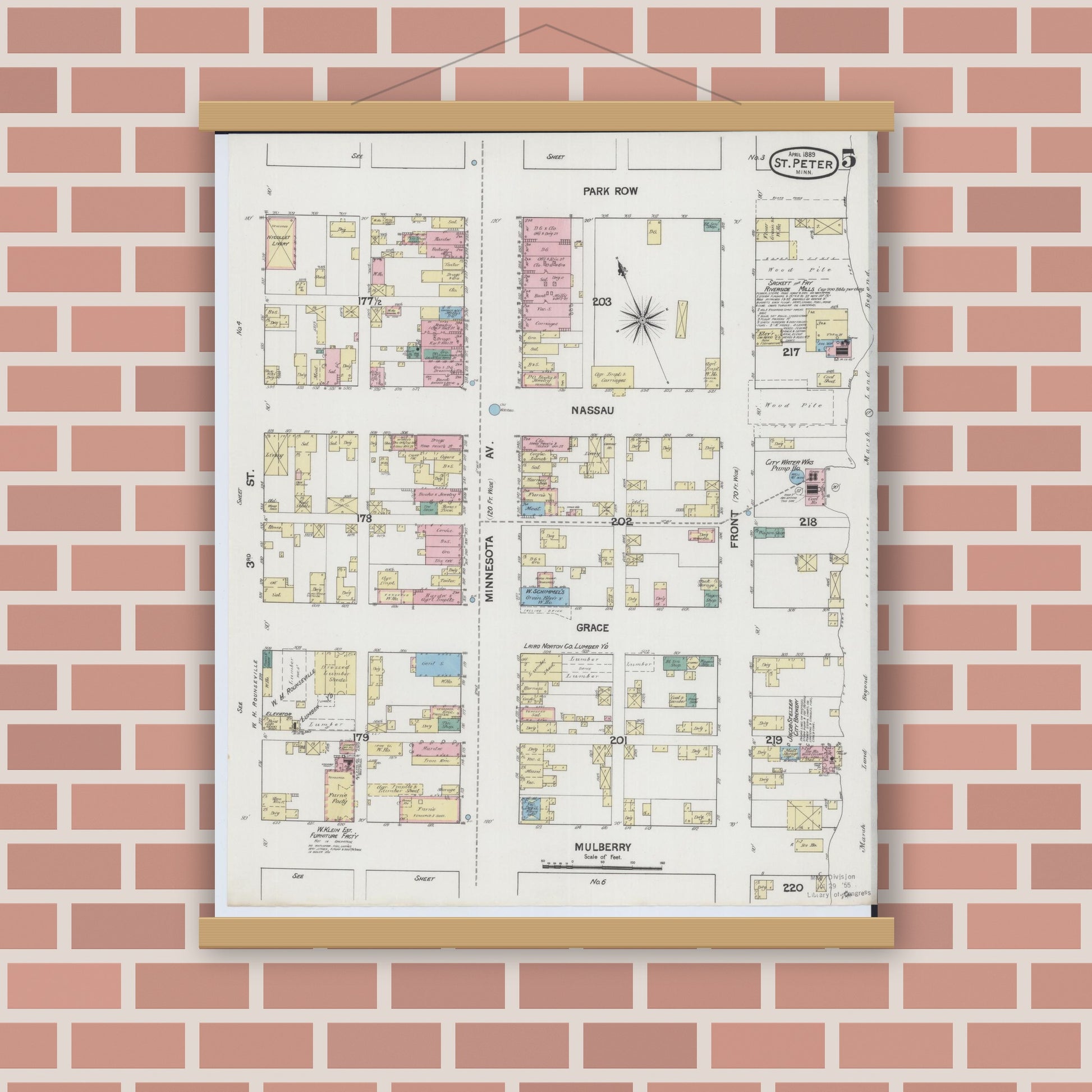 Old map wall art mockup — magnetic wood frame on brick wall — Sanborn Fire Insurance Map from Saint Peter, Nicollet County, Minnesota (1889), Sheet #0005
