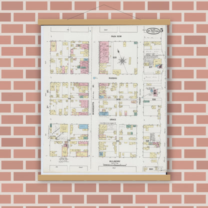 Old map wall art mockup — magnetic wood frame on brick wall — Sanborn Fire Insurance Map from Saint Peter, Nicollet County, Minnesota (1889), Sheet #0005