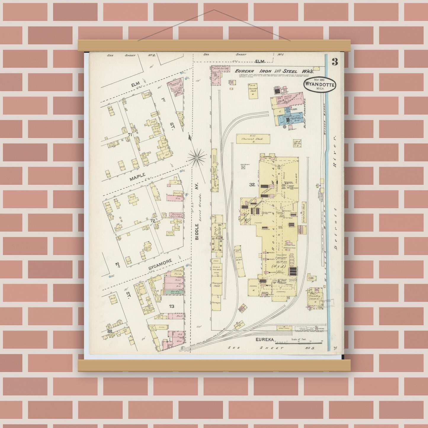 Old map wall art mockup — magnetic wood frame on brick wall — Sanborn Fire Insurance Map from Wyandotte, Wayne County, Michigan (1890), Sheet #0003