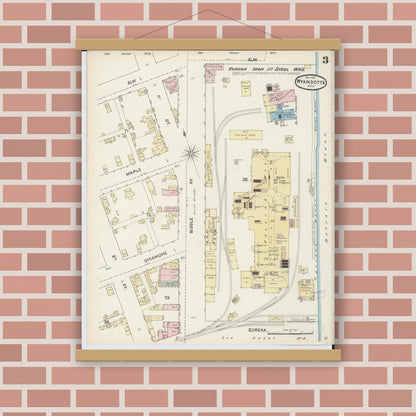 Old map wall art mockup — magnetic wood frame on brick wall — Sanborn Fire Insurance Map from Wyandotte, Wayne County, Michigan (1890), Sheet #0003