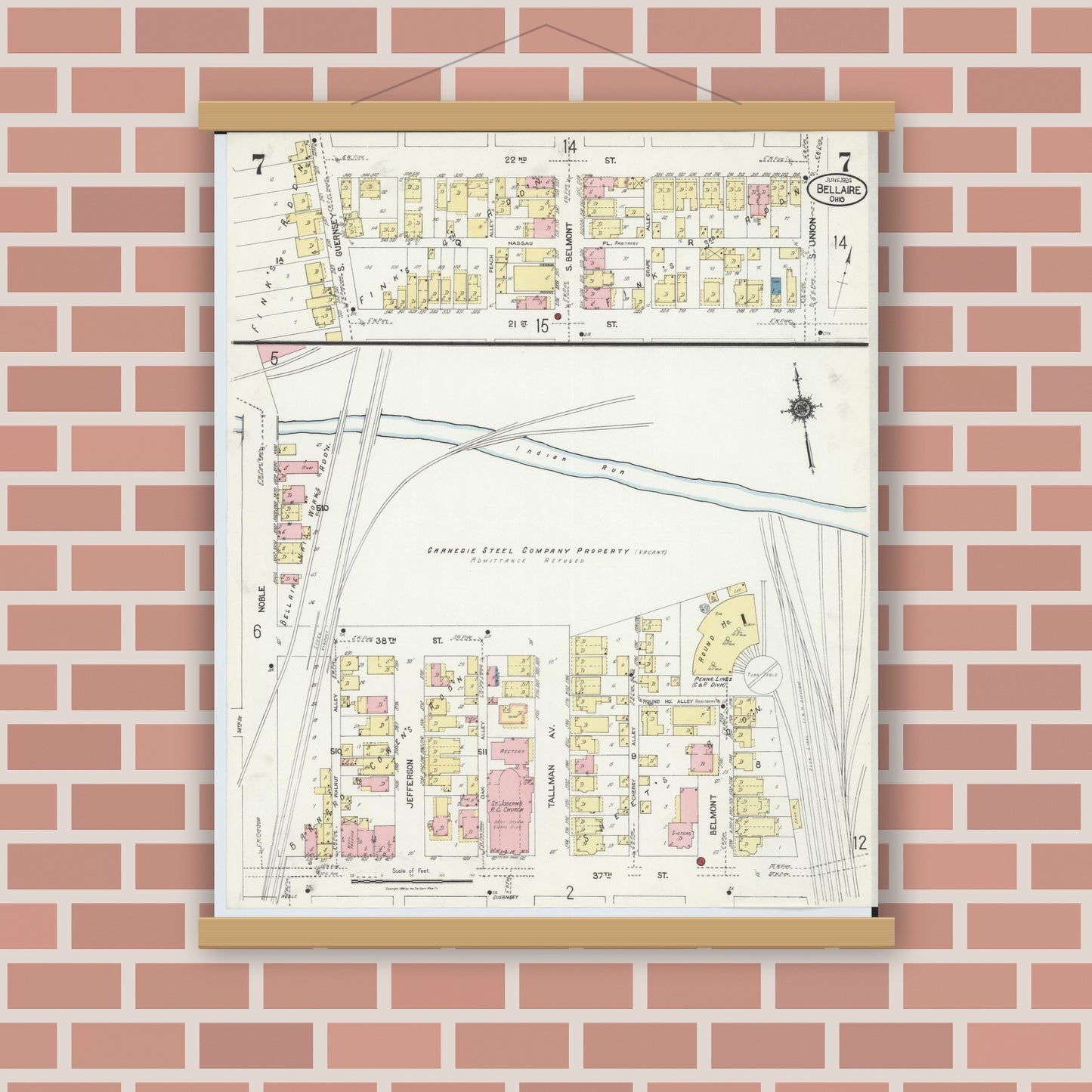 Old map wall art mockup — magnetic wood frame on brick wall — Sanborn Fire Insurance Map from Bellaire, Belmont County, Ohio (1924), Sheet #0007