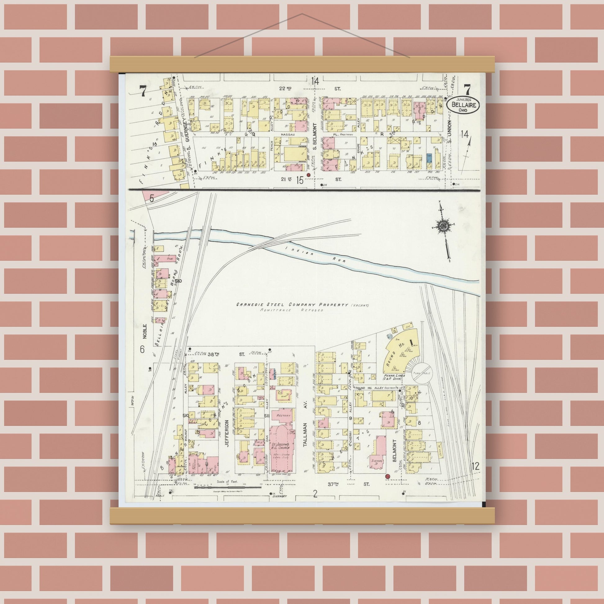 Old map wall art mockup — magnetic wood frame on brick wall — Sanborn Fire Insurance Map from Bellaire, Belmont County, Ohio (1924), Sheet #0007