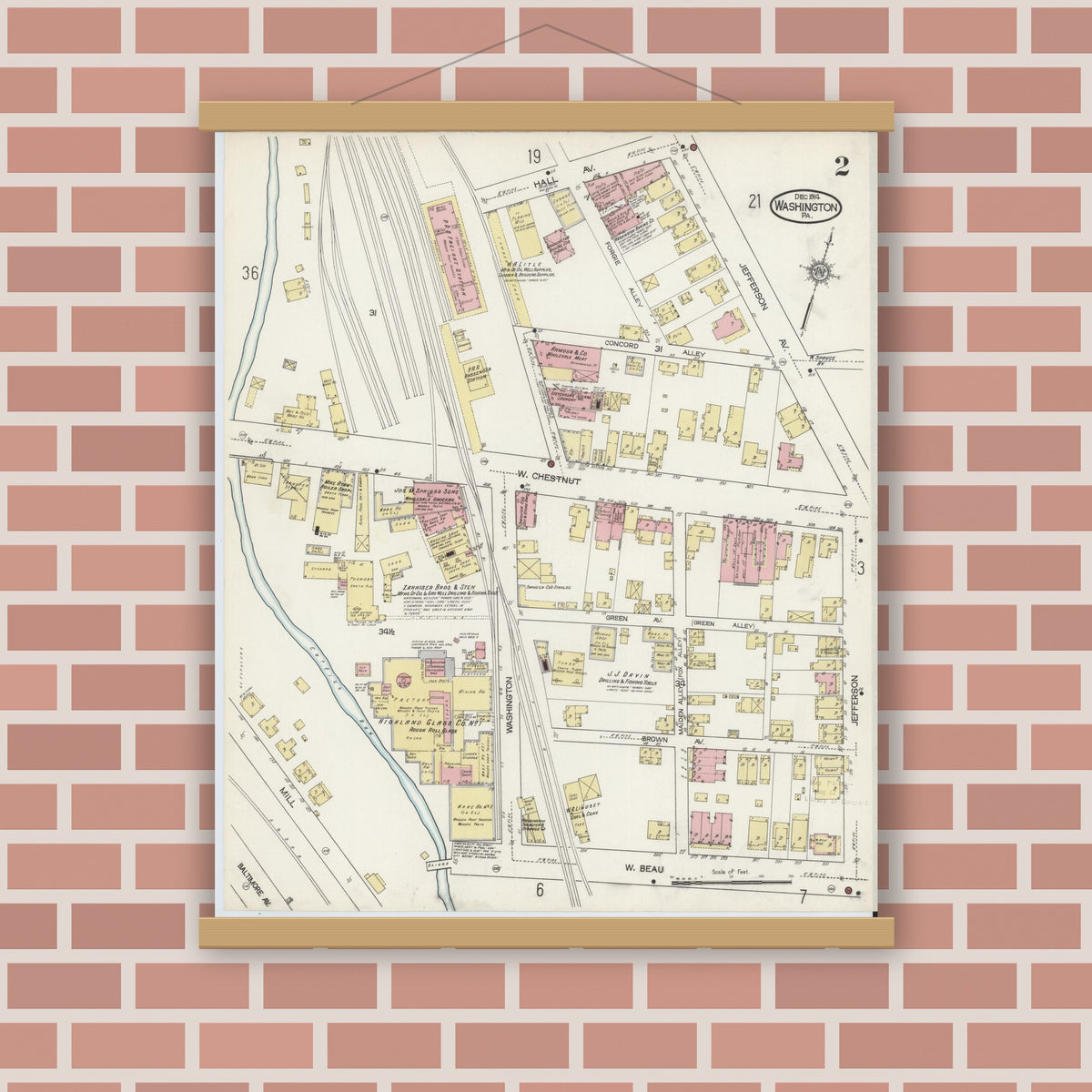 Old map wall art mockup — magnetic wood frame on brick wall — Sanborn Fire Insurance Map from Washington, Washington County, Pennsylvania (1914), Sheet #0002