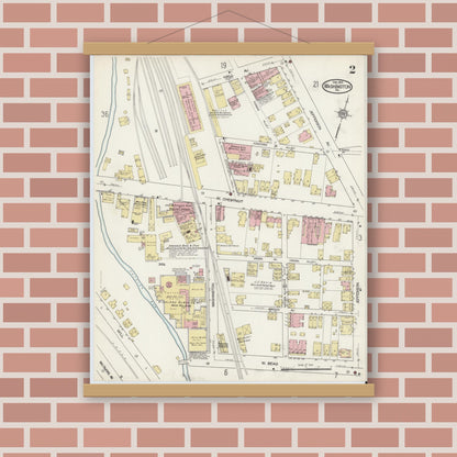 Old map wall art mockup — magnetic wood frame on brick wall — Sanborn Fire Insurance Map from Washington, Washington County, Pennsylvania (1914), Sheet #0002