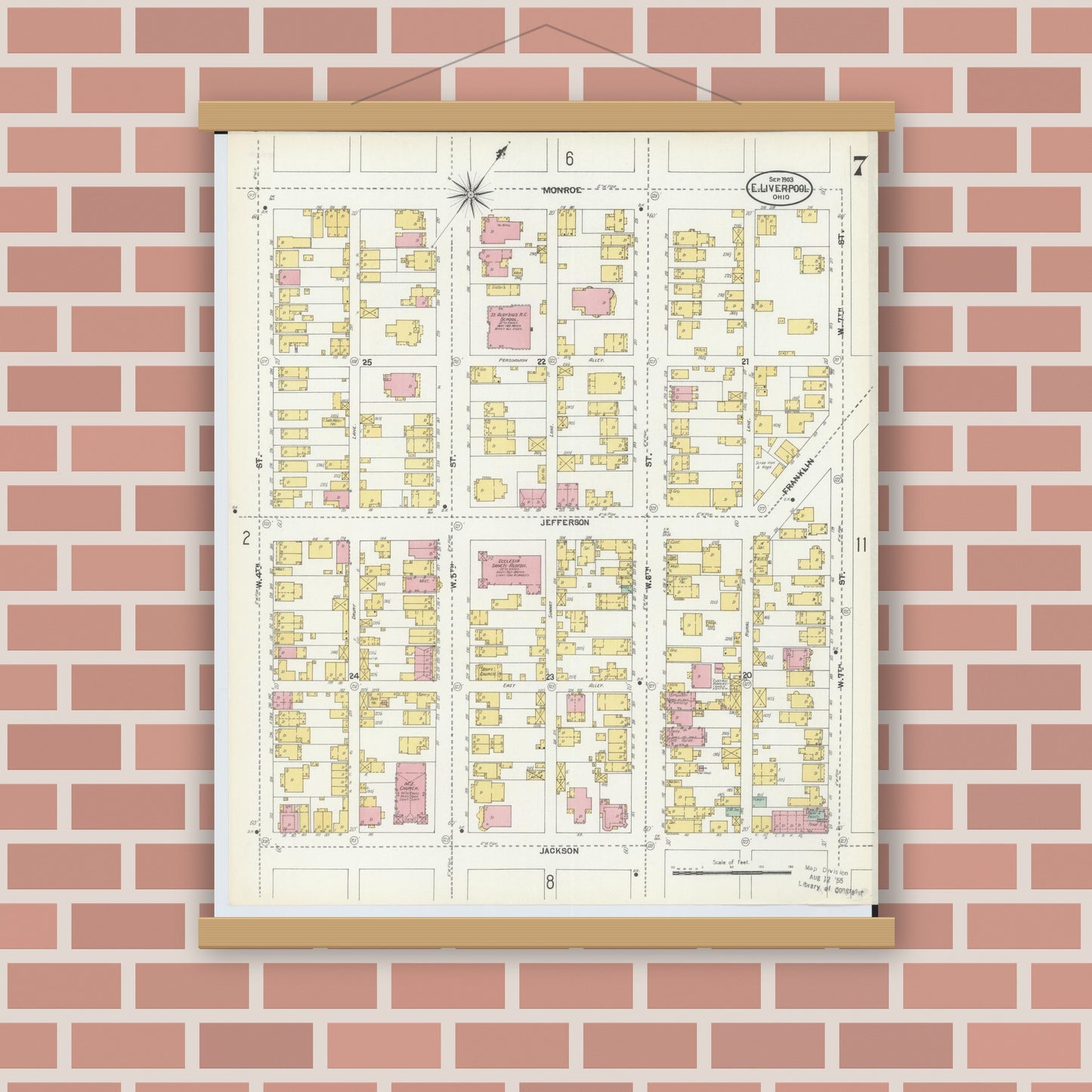 Old map wall art mockup — magnetic wood frame on brick wall — Sanborn Fire Insurance Map from East Liverpool, Columbiana County, Ohio (1903), Sheet #0007