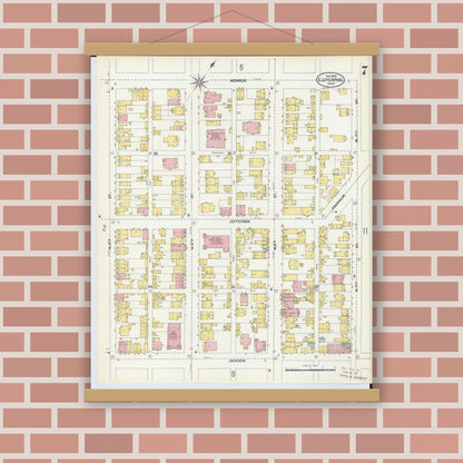Old map wall art mockup — magnetic wood frame on brick wall — Sanborn Fire Insurance Map from East Liverpool, Columbiana County, Ohio (1903), Sheet #0007