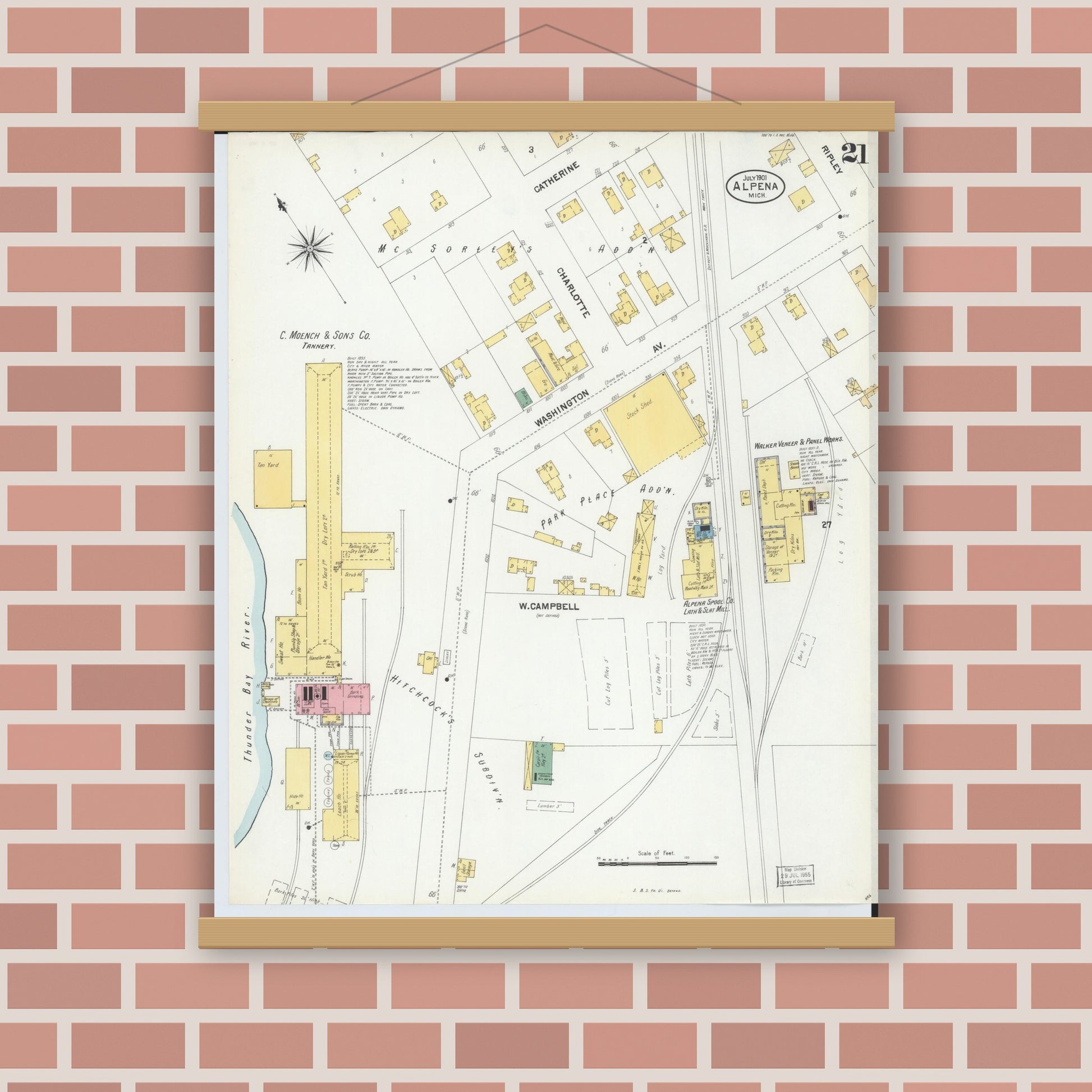 Old map wall art mockup — magnetic wood frame on brick wall — Sanborn Fire Insurance Map from Alpena, Alpena County, Michigan (1901), Sheet #0021