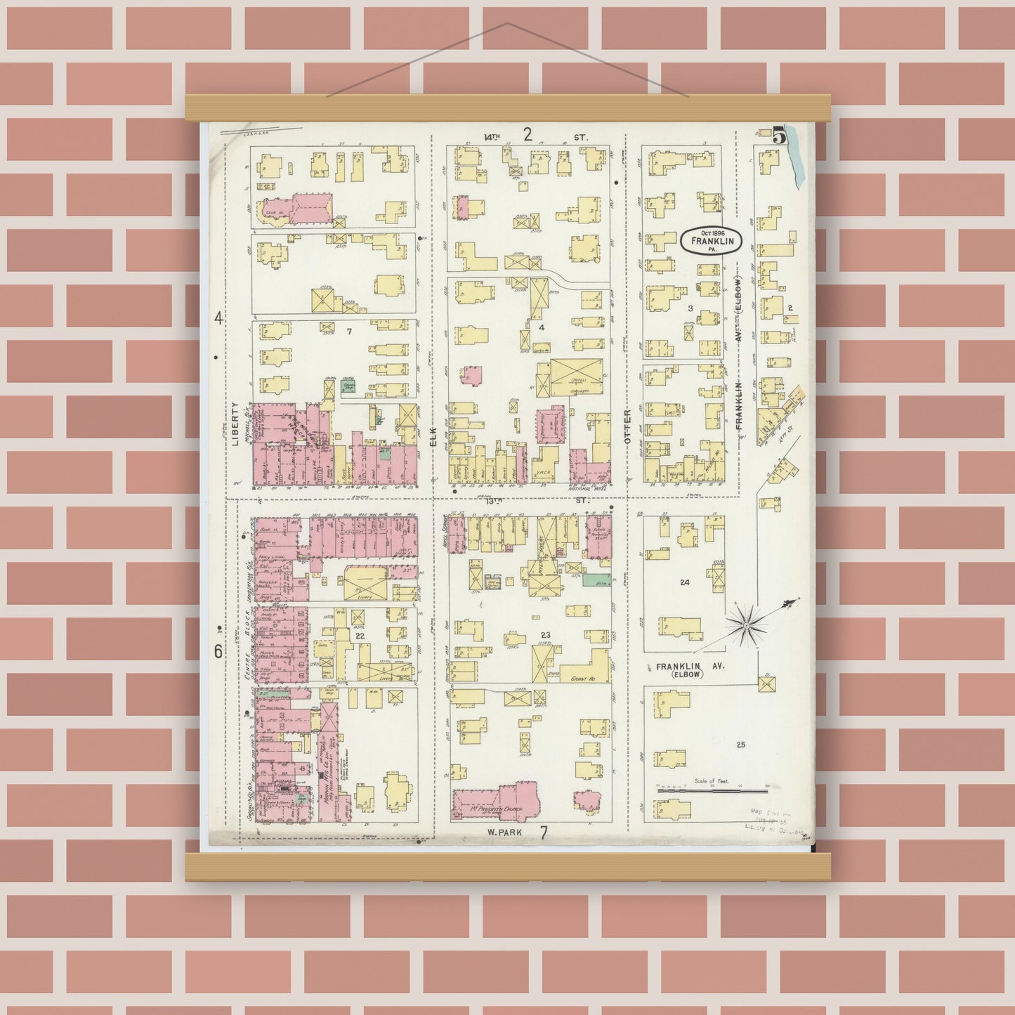 Old map wall art mockup — magnetic wood frame on brick wall — Sanborn Fire Insurance Map from Franklin, Venango County, Pennsylvania (1896), Sheet #0005