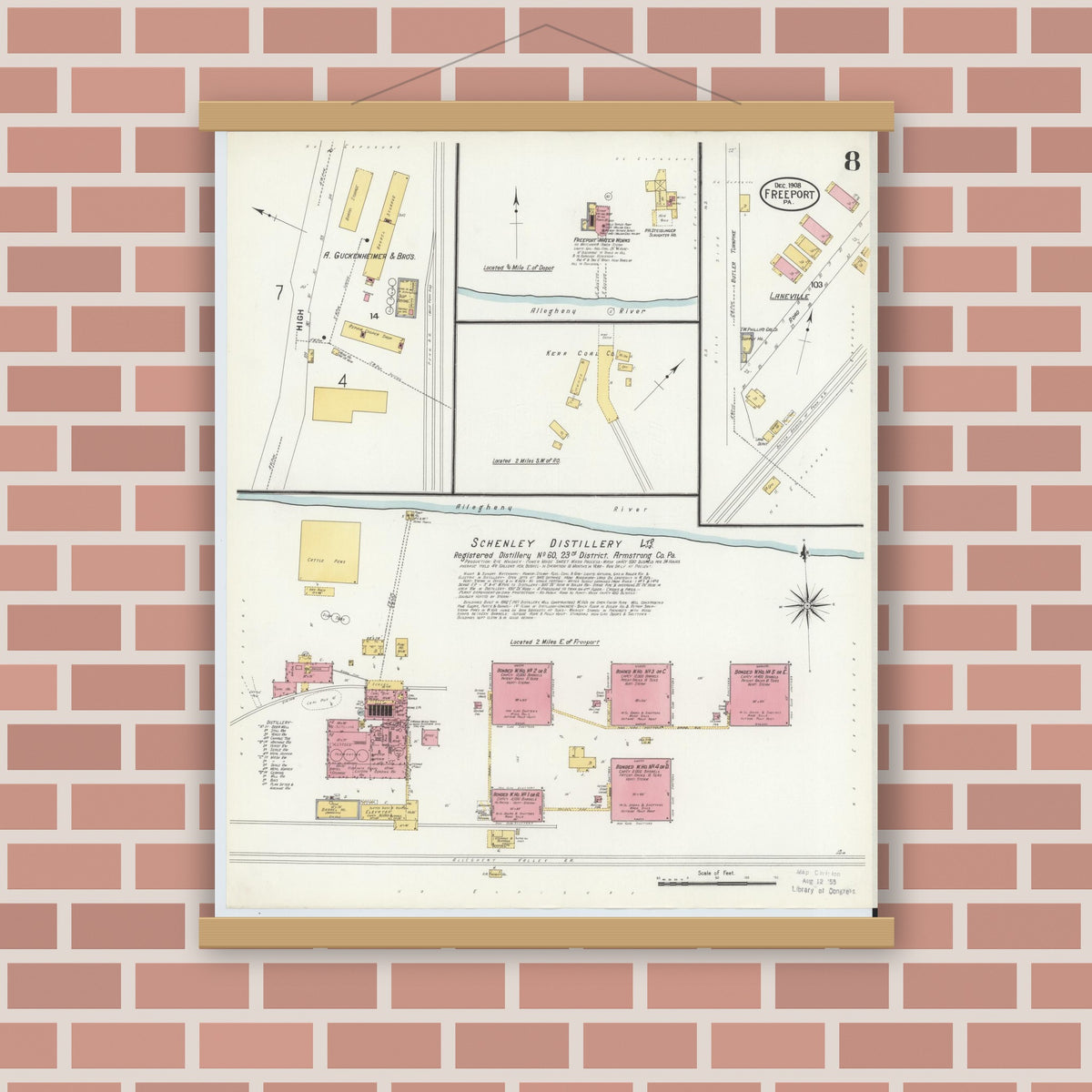Old map wall art mockup — magnetic wood frame on brick wall — Sanborn Fire Insurance Map from Freeport, Armstrong County, Pennsylvania (1908), Sheet #0008