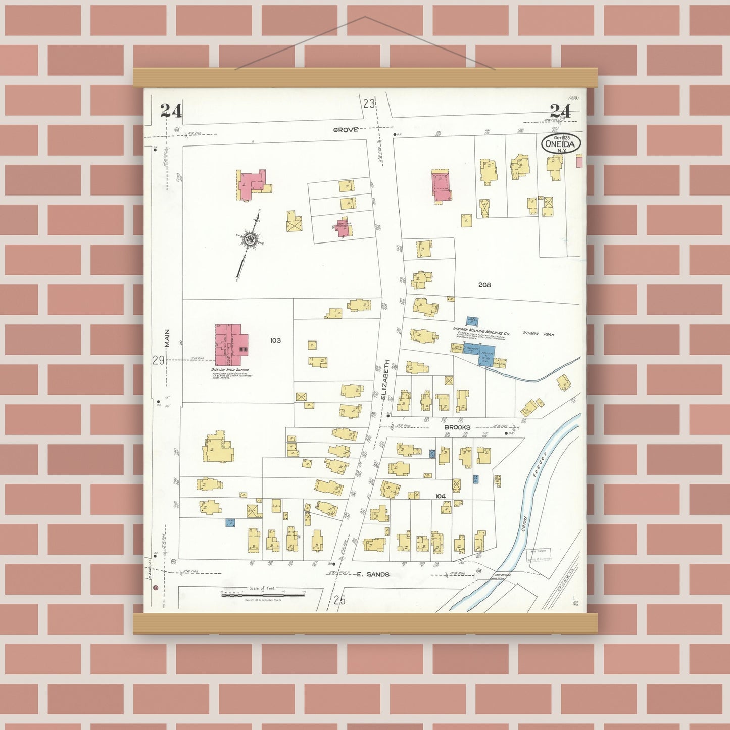Old map wall art mockup — magnetic wood frame on brick wall — Sanborn Fire Insurance Map from Oneida, Madison County, New York (1923), Sheet #0024