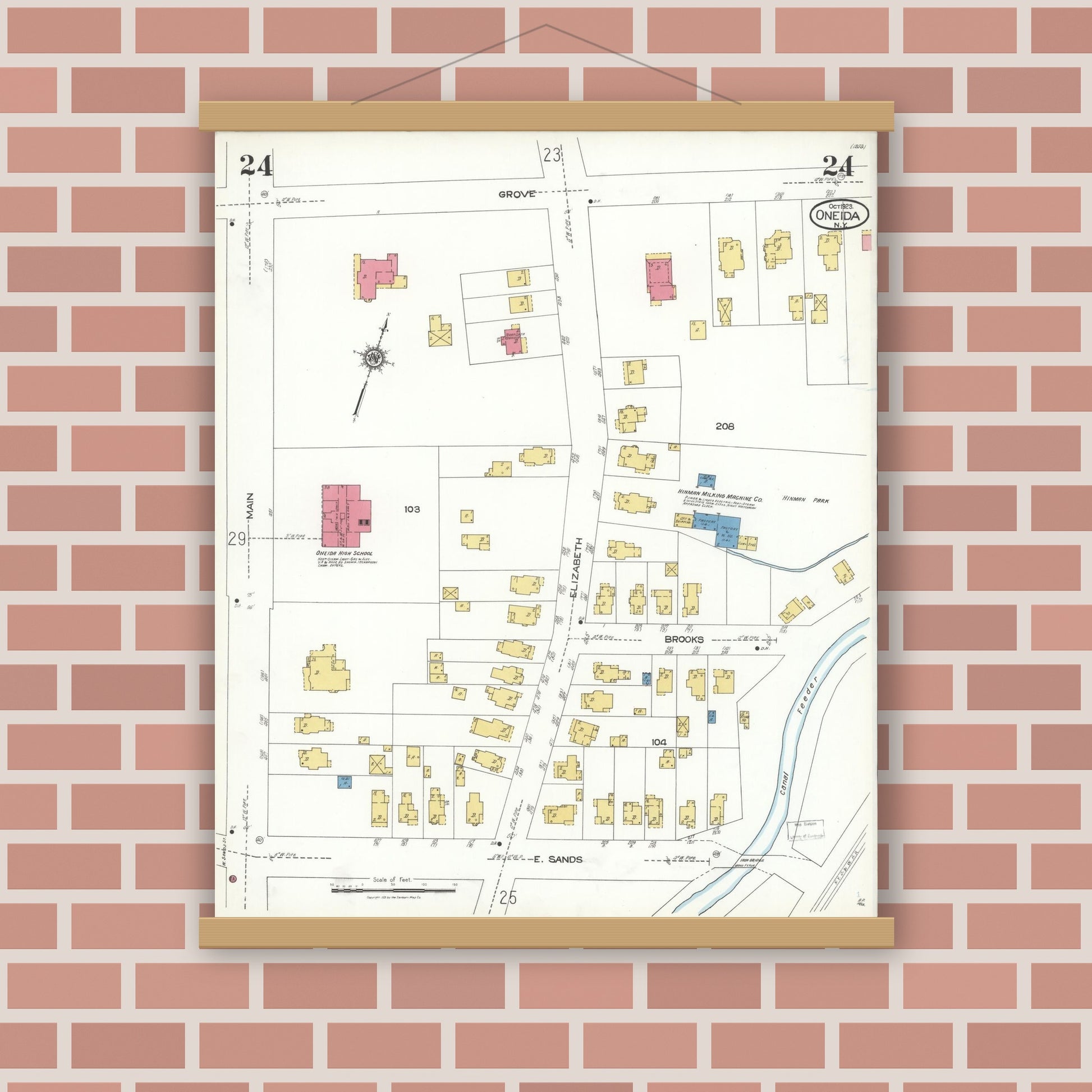 Old map wall art mockup — magnetic wood frame on brick wall — Sanborn Fire Insurance Map from Oneida, Madison County, New York (1923), Sheet #0024