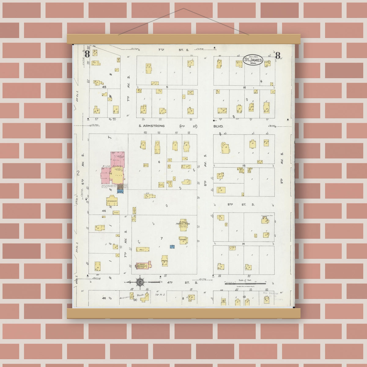 Old map wall art mockup — magnetic wood frame on brick wall — Sanborn Fire Insurance Map from Saint James, Watonwan County, Minnesota (1924), Sheet #0008