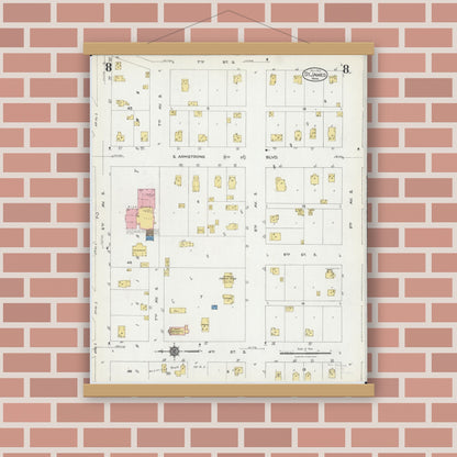 Old map wall art mockup — magnetic wood frame on brick wall — Sanborn Fire Insurance Map from Saint James, Watonwan County, Minnesota (1924), Sheet #0008