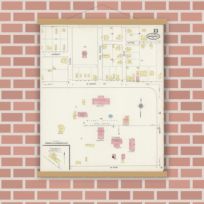 Old map wall art mockup — magnetic wood frame on brick wall — Sanborn Fire Insurance Map from Marshall, Harrison County, Texas (1915), Sheet #0013