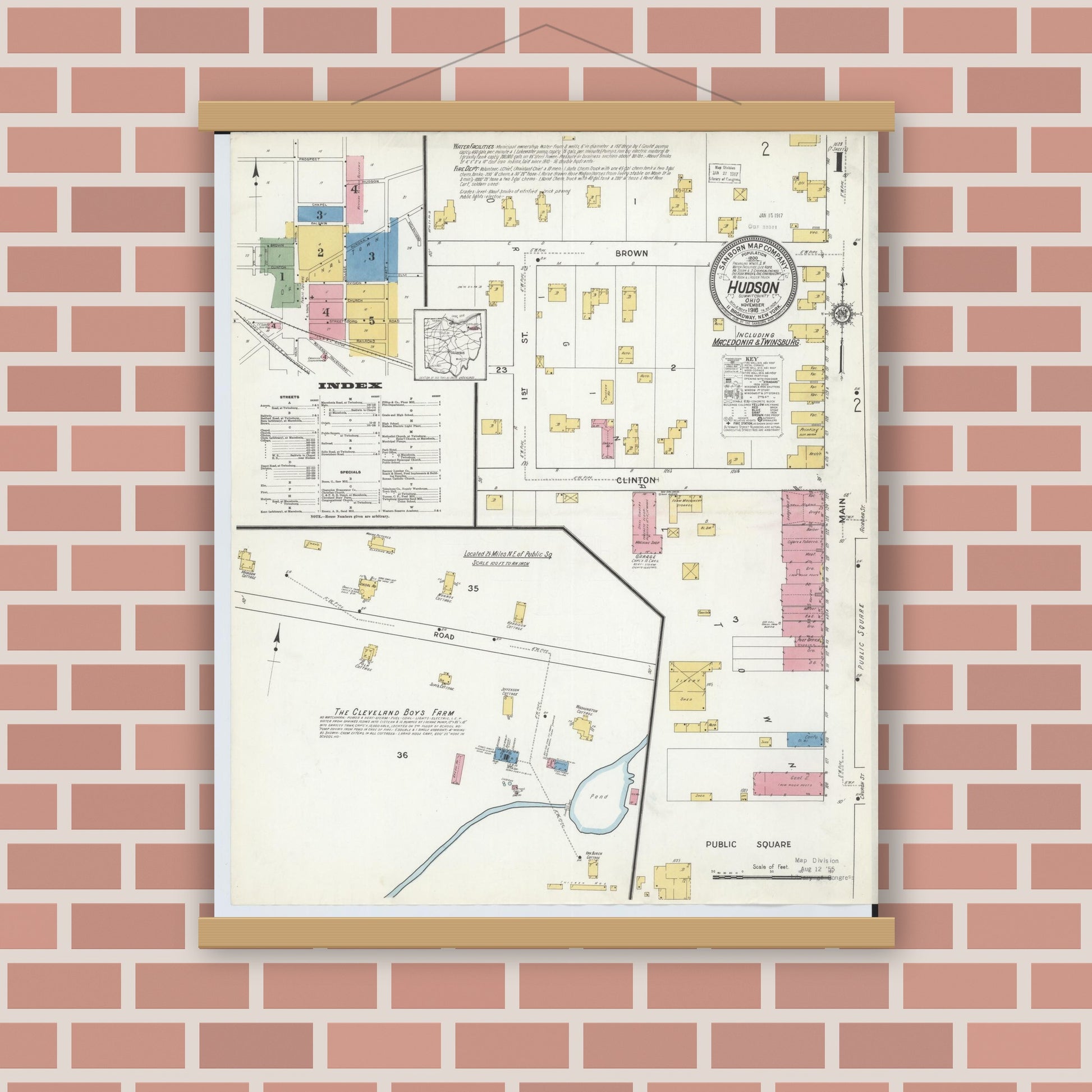 Old map wall art mockup — magnetic wood frame on brick wall — Sanborn Fire Insurance Map from Hudson, Summit County, Ohio (1916), Sheet #0001