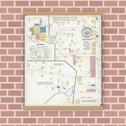 Old map wall art mockup — magnetic wood frame on brick wall — Sanborn Fire Insurance Map from Hudson, Summit County, Ohio (1916), Sheet #0001
