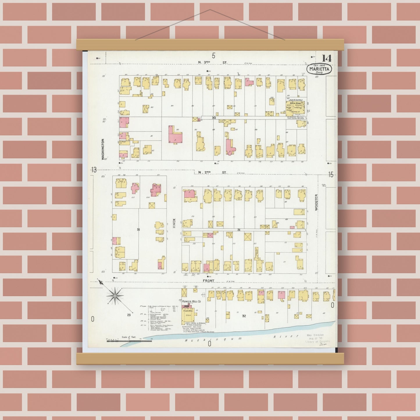 Old map wall art mockup — magnetic wood frame on brick wall — Sanborn Fire Insurance Map from Marietta, Washington County, Ohio (1900), Sheet #0014