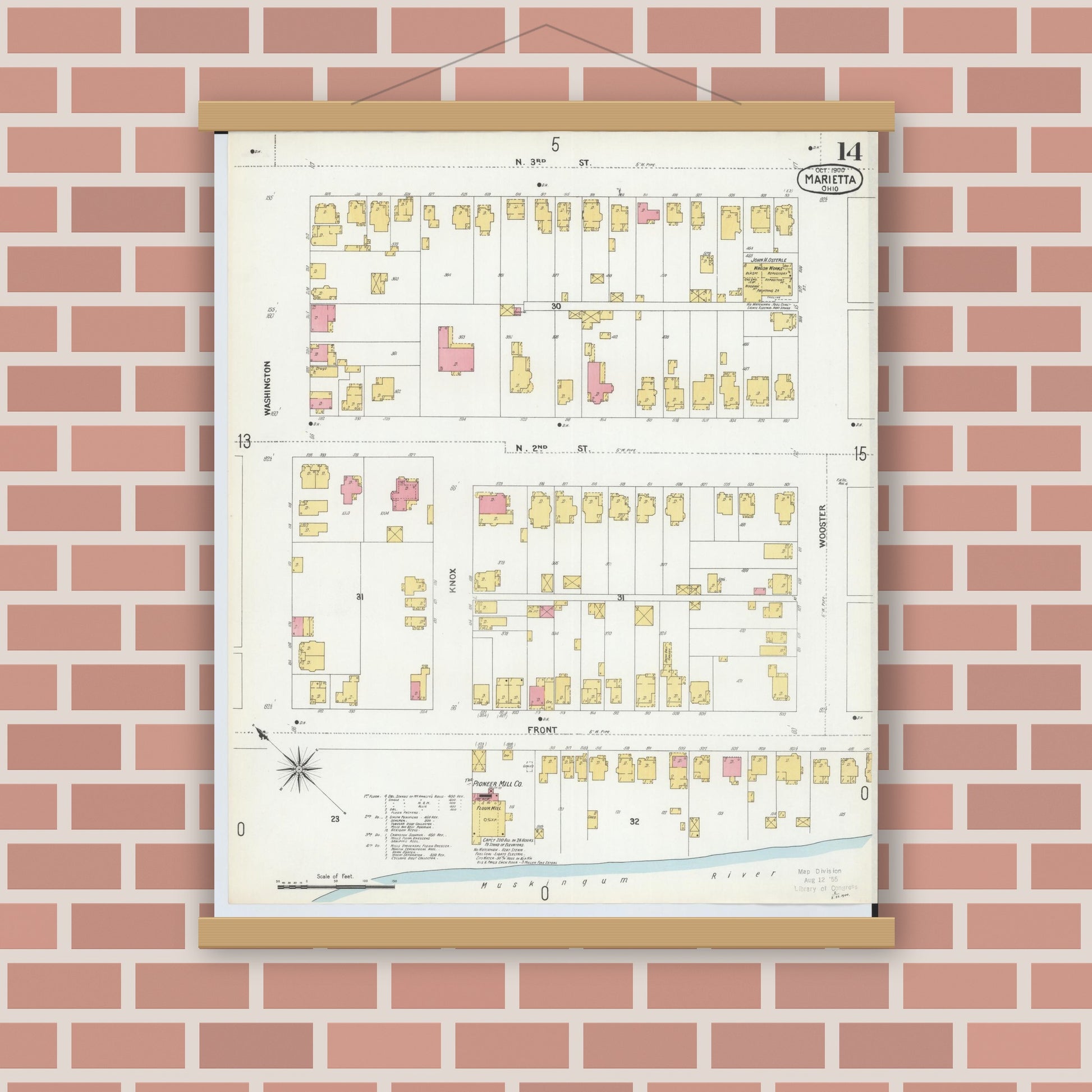 Old map wall art mockup — magnetic wood frame on brick wall — Sanborn Fire Insurance Map from Marietta, Washington County, Ohio (1900), Sheet #0014